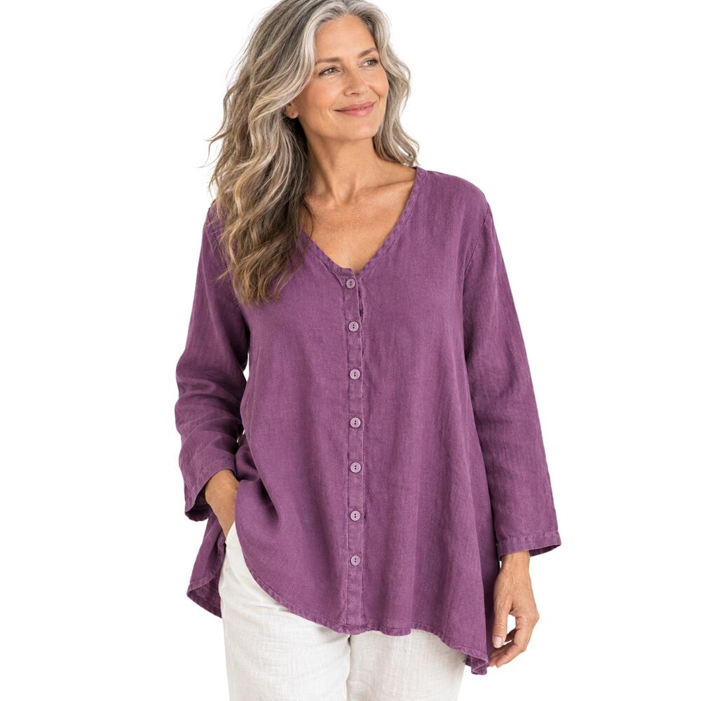 FLAX Women’s M Purple 100% Linen Tunic Top Button Front Lagenlook Relaxed